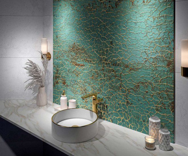 zinc bano elegante con azulejo efecto metal verde rect big