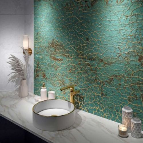 zinc bano elegante con azulejo efecto metal verde rect big